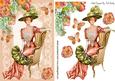 Elegant Lady Sitting with Fan on Peach Lace