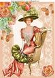 Elegant Lady Sitting with Fan on Peach Lace A4