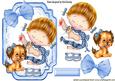 Pretty in Blue Little Girl with Her Puppy on Lace