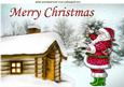 Santa in the Snow with Snow Covered Cottage A4