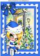 Cute Girl in Blue Sitting on Chrismas Present A4