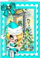 Cute Girl in Turq Santa Hat Sitting on a Present A4