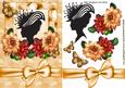 Vintage Silhouette Lady with Dahlias, Butterflies and Bow