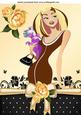 Pretty Lady with Pooch with Bow and Peach Roses A4