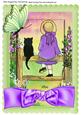 Girl and Cat Sitting on Fence , in Purple with Bow A4
