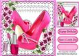 Pretty Cerise Shoes on Lace with Flowers & Lippy 8x8