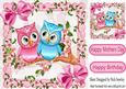 Cute Pink/blue Owls on a Branch with Blossoms 8x8
