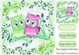 Cute Little Green & Pink Owls on a Branch with Blossoms 8x8