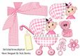 Baby Girl in Her Pram with Gingham Teddy & Big Bow A4