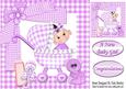 Baby Girl in Her Pram with Purple Gingham Teddy 8x8