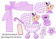 Baby Girl in Her Pram with Gingham Teddy & Purple Bow A4
