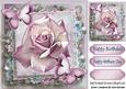 Pink Sparkle Rose on Lace with Paper Butterflies 8x8