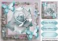 Blue Sparkle Rose on Lace with Paper Butterflies 8x8