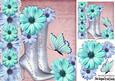 Pretty Blue and Turq Flowers with Boots and Butterflies 8x8