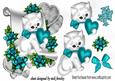 Cute Little White Kitten with Turq Roses on a Scroll