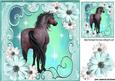 Pretty Turq/cream Flowers with a Horse 8x8