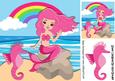Mermaid with Pink Hair and Seahorse Sitting on a Rock 8x8