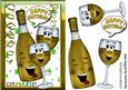 Toon Bottle of Wine with Funny Face Gold Wine Glasses