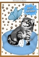 kitten with ball in blue bed A4