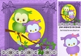Cute owls on a branch with leaves with purple bows 8x8
