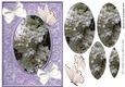 White flowers in purple ornate frame with bows and butterflies oval pyramids