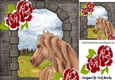 Palomina Horse, with painted red roses, and brick Archway 8x8