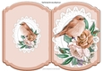 Pretty brown bird on lace with pink painted roses cut and fold