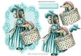 Pretty little vintage lady carrying hat box with flowers