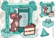 Birthday teddy with hat, cake and present in turq 8x8