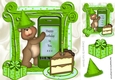 Birthday teddy with hat, cake and present in green 8x8