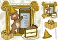 Birthday teddy with hat, cake and present in gold 8x8