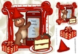 Birthday teddy with hat, cake and present in red 8x8