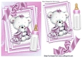 Cute little white bear with pink bow and bottle on stacker and lace