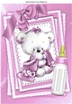Cute little white bear with pink bow and bottle on stacker and lace A4