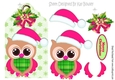 cute owl in cerise santa hat on a snowflake tag with bells