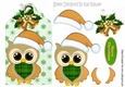cute owl in gold santa hat on a snowflake tag with bells