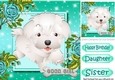Cute little white puppy with turq roses 8x8