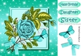 pretty turq rose with bow and butterfly 8x8