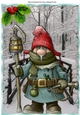 Gnome on a brige with snow and holly A4