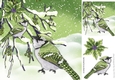 Pretty green birds in the snow with berries 8x8