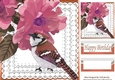 Pretty painted flowers with pink bird on lace 8x8