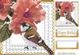Pretty painted flowers with peach bird on lace 8x8