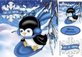 Penguin playing in the snow on blue sledge 8x8