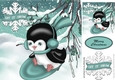 Penguin playing in the snow on turq sledge 8x8