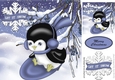Penguin playing in the snow on lilac sledge 8x8