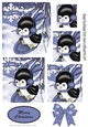 Penguin playing in the snow on lilac sledge with bow,  pyramids