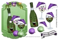 Christmas celebrations toony glasses in purple hats and wine in festive frame, makes a lovely card,