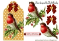 Lovely robin on a gold tag with holly, bow with baubles