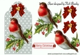 Lovely robin on a silver tag with holly, bow with baubles