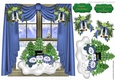 snow family in blue ornament, with bells in window scene